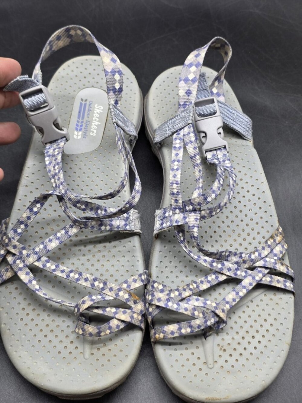 Skechers Sandals Womens Size 10.5 Gray Check Outdoor Lifestyle Strappy Shoes